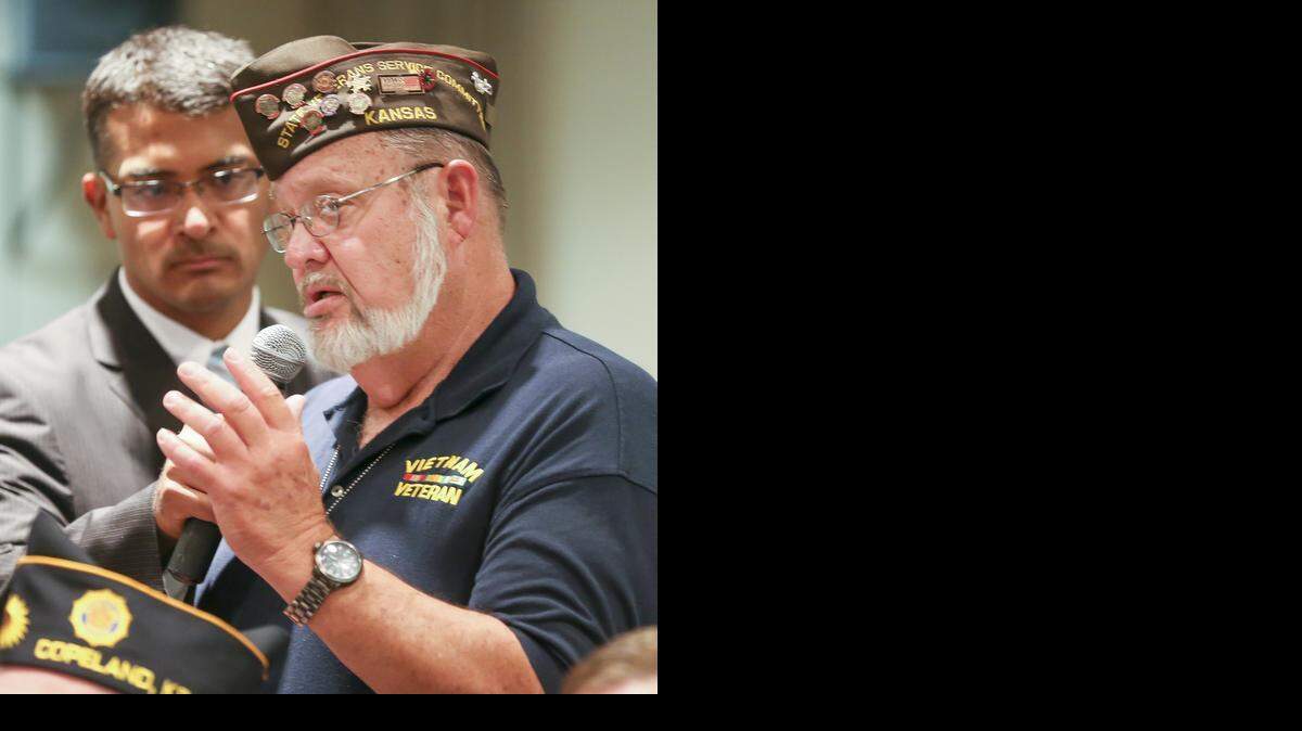 
Vietnam veteran James Denison speaks during a town hall meeting at the downtown library Friday to address veterans’ concerns about getting disability claims resolved. (Aug. 15, 2014)

