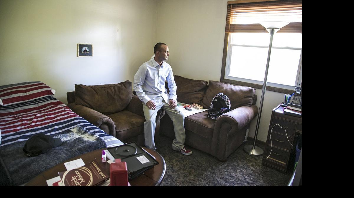 
Veteran Bobby Rico stands in his room at Passageways, a new nonprofit in Wichita that provides temporary housing and job search assistance to homeless and near homeless veterans. (June 25, 2015) 
