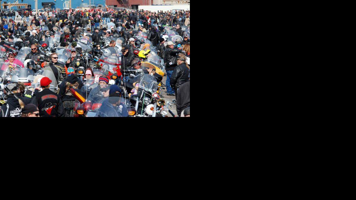 
Hundreds of bikers crowded the Lawrence-Dumont Stadium parking lot Sunday for the annual toy run.
