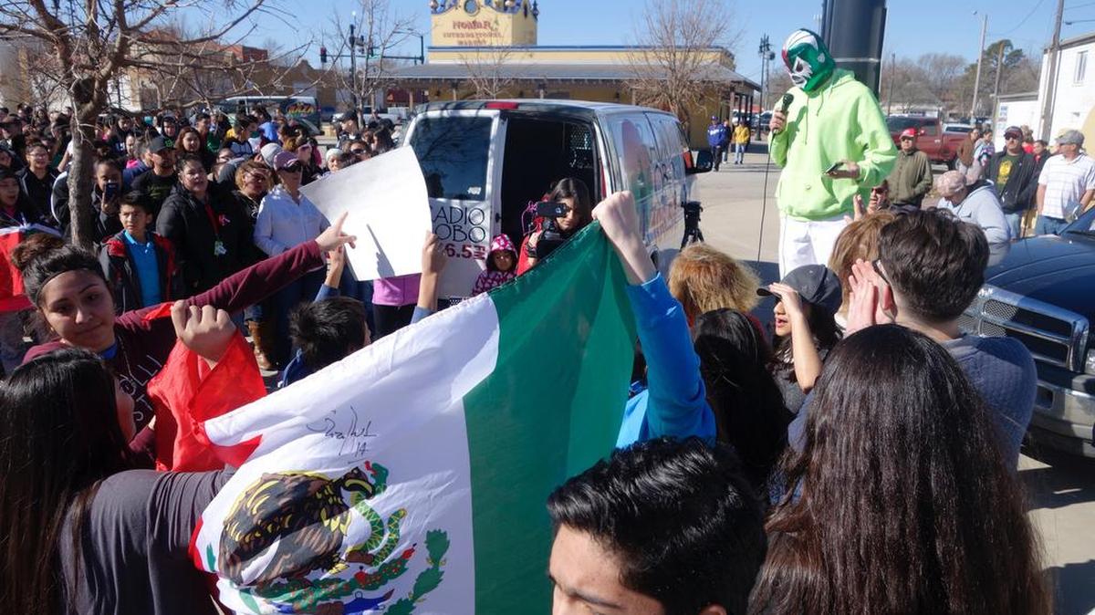 Hundreds of Latinos gather at Nomar Plaza on Feb. 16 to show what Wichita would be like without immigrants.