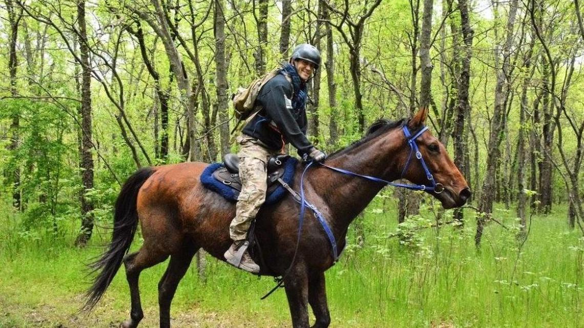 Air Force Capt. Tim Finley rides Honor, his thoroughbred. Though he will ride Mongolian horses in the August Mongol Derby race, supplied by the derby organizers, Finley said riding Honor has prepared him well for the grueling relay.