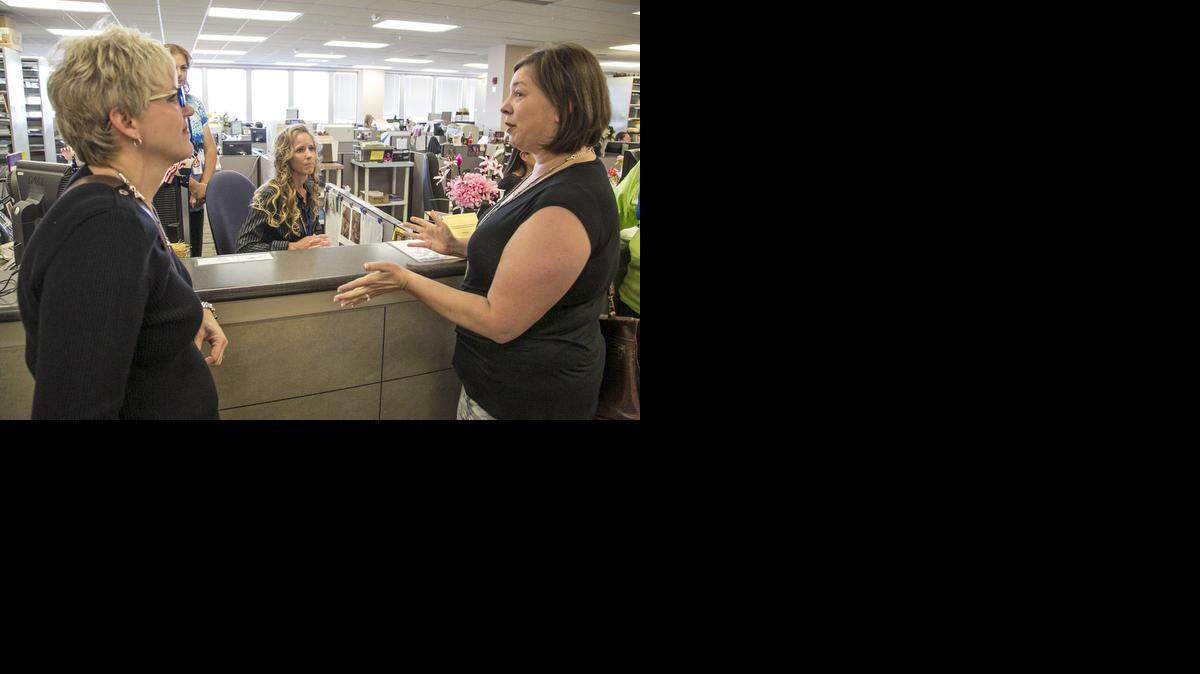 
Donna DiTrani, left, and Kerry Wilks question Sedgwick County trial court supervisor Shalyn Taylor after being refused a marriage license at the Sedgwick County Courthouse in Wichita, Kan., Monday, Oct. 6, 2014.

