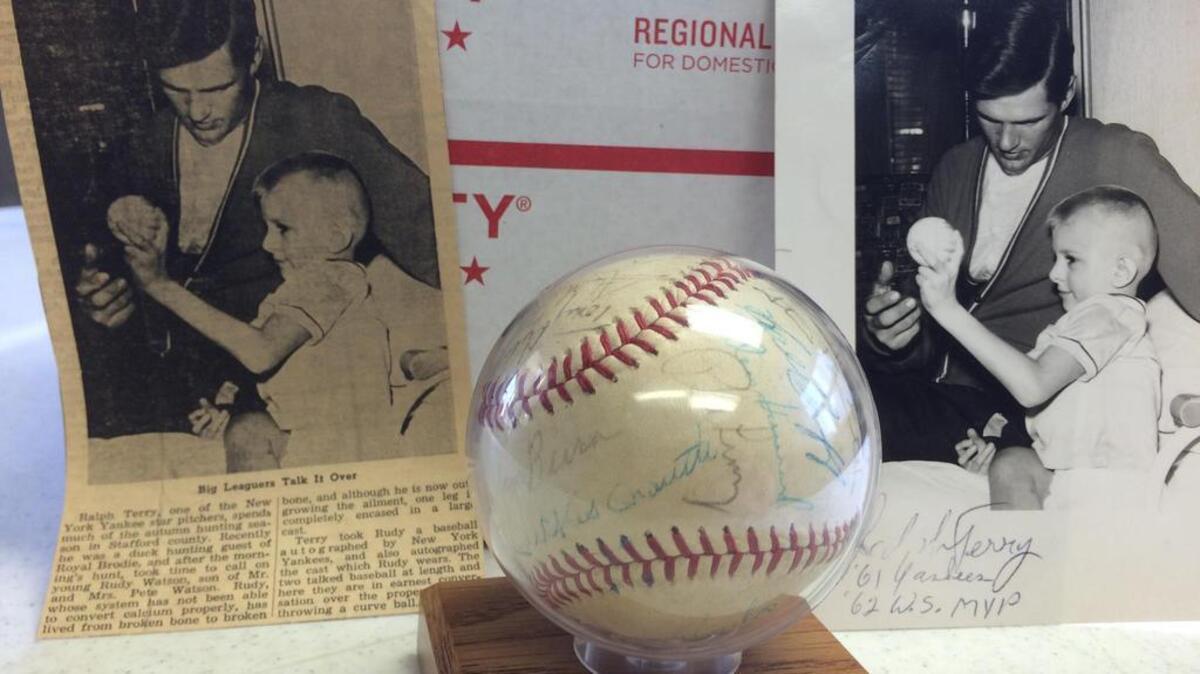 
The 1962 Yankees team ball that was given to Rudy Watson by the World Series Most Valuable Player Ralph Terry is to be auctioned for the Kaiser Carlile memorial. 
