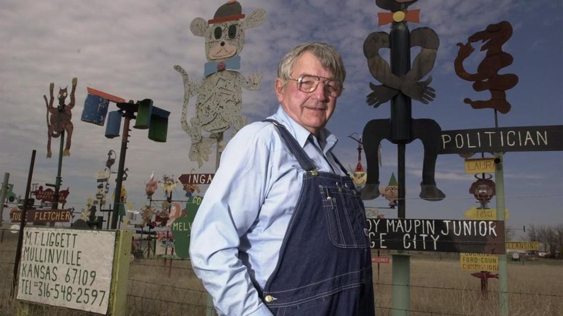 M.T. Liggett for making totems out of scrap metal since 1989 and posting them along his fence on U.S. 400 near Mullinville. Liggett died Thursday.
