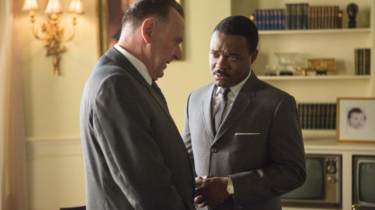 Tom Wilkinson, left, plays President Lyndon B. Johnson and David Oyelowo plays Martin Luther King Jr. in “Selma,” which will be shown free to families Thursday at the Palace West Theatre.
