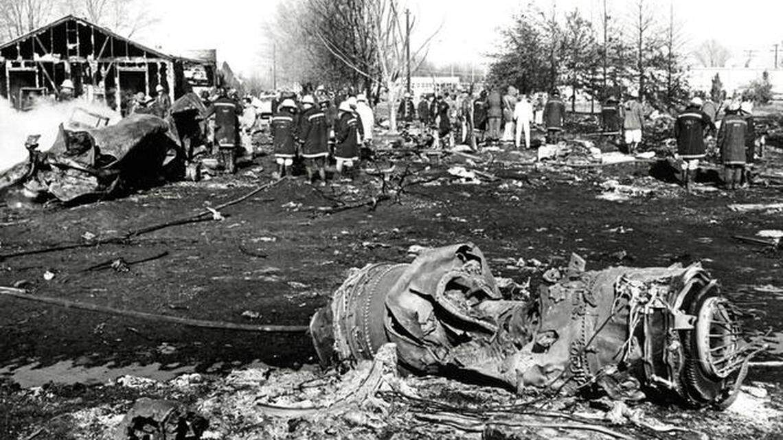 
A KC-135 airplane engine lies in the rubble at the site where the tanker crashed in northeast Wichita in 1965.
