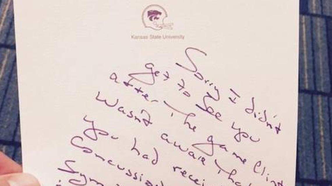 
West Virginia quarterback Clint Trickett received this note from K-State coach Bill Snyder after Trickett sustained a concussion.
