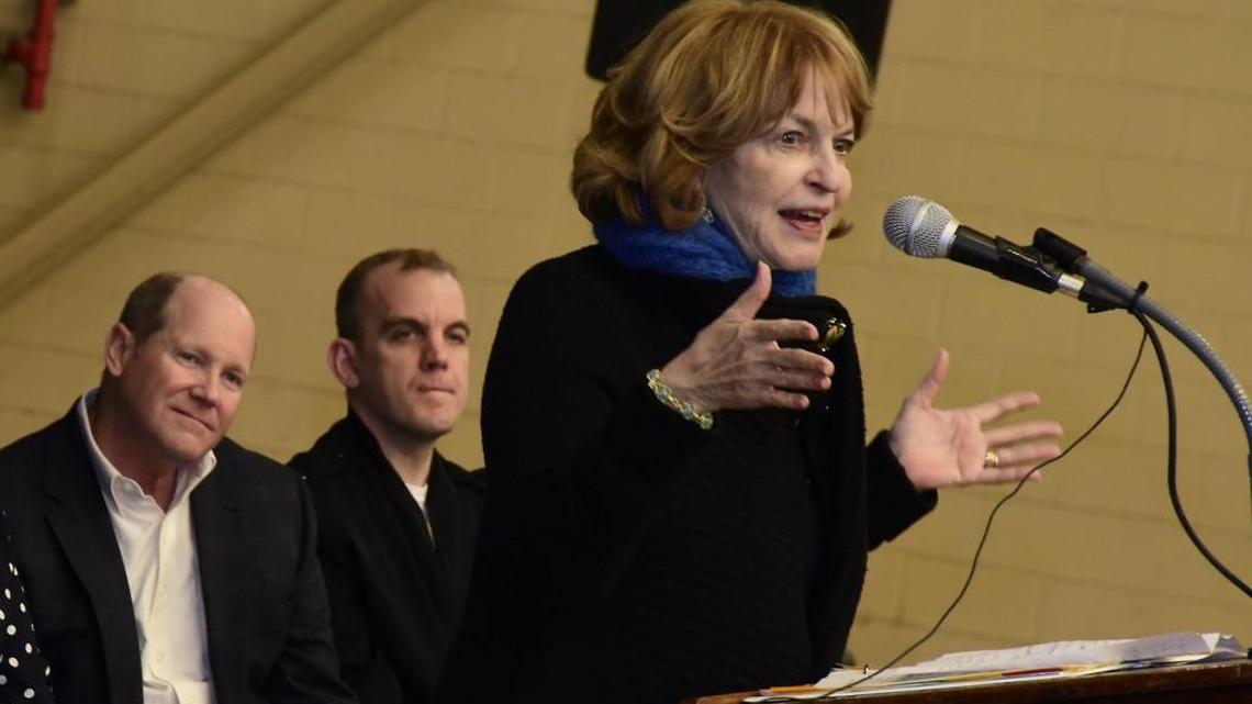 Kate Lehrer, the sponsor of the USS Wichita, talks during the ship’s keel-laying ceremony in February 2015.