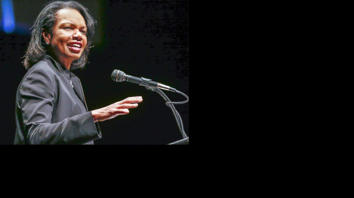 
Condoleezza Rice addresses the crowd at the Wichita Chamber of Commerce annual meeting at Century II on Thursday. 
