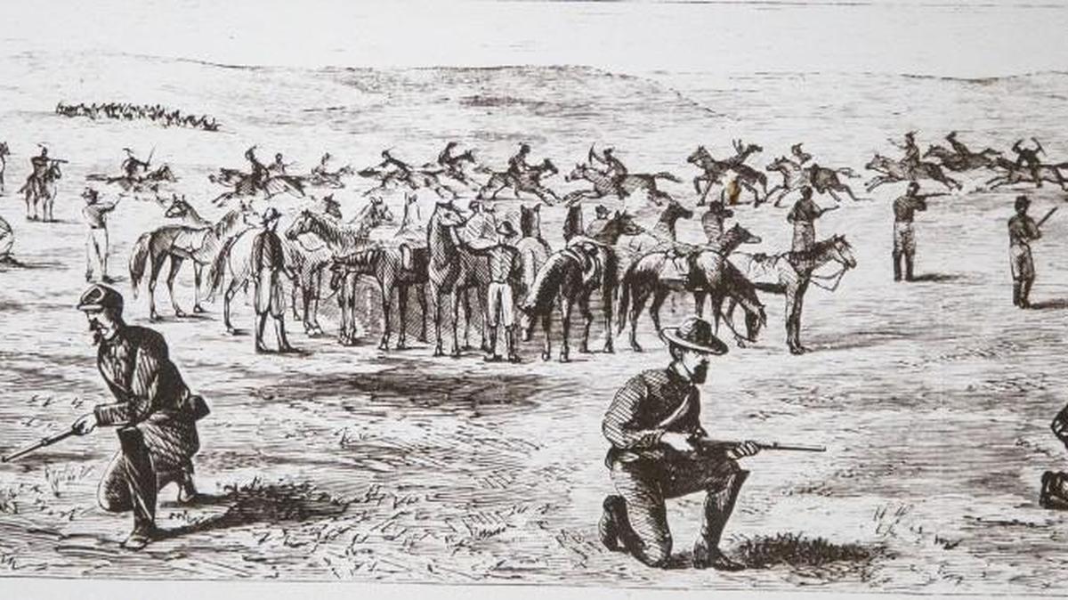Gen. George Armstrong Custer’s 7th Cavalry fights Sioux Indians at Fort Larned in an 1867 edition of Harpers Weekly. The burning of an Indian village led to the deaths a day later of three station agents in Kansas.