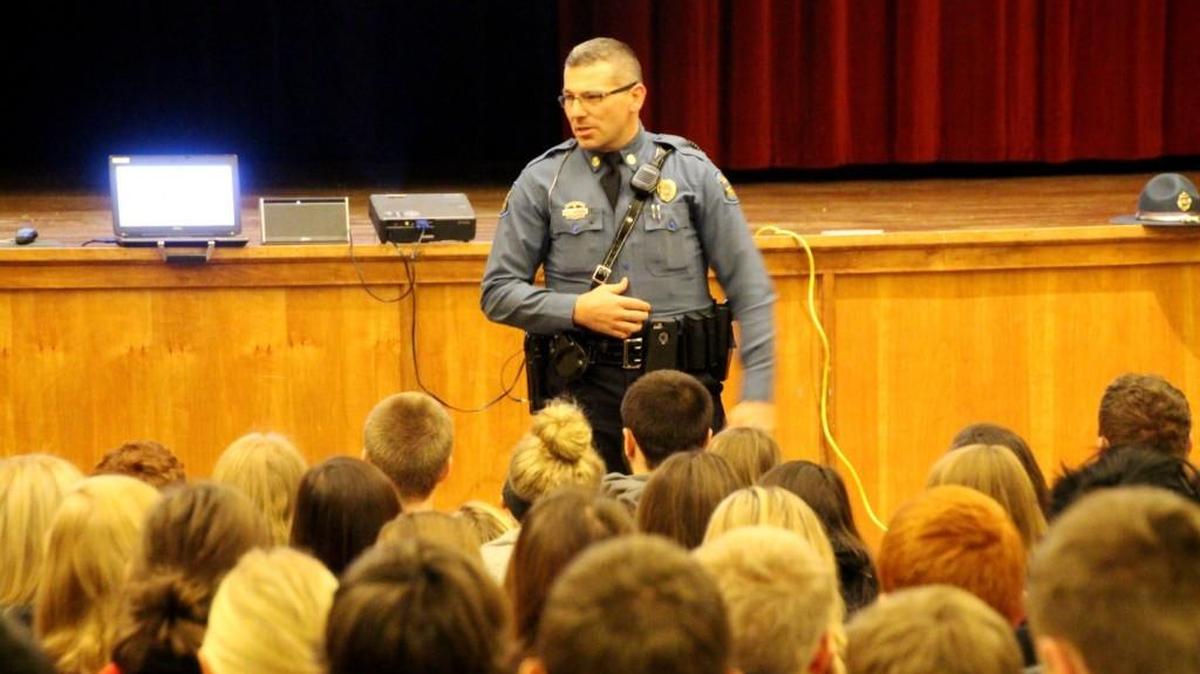 Meeting with students is just one of the many highlights Trooper Ben Gardner shares with more than 30,000 followers on Twitter. He is a finalist in the Police Twitter Awards.