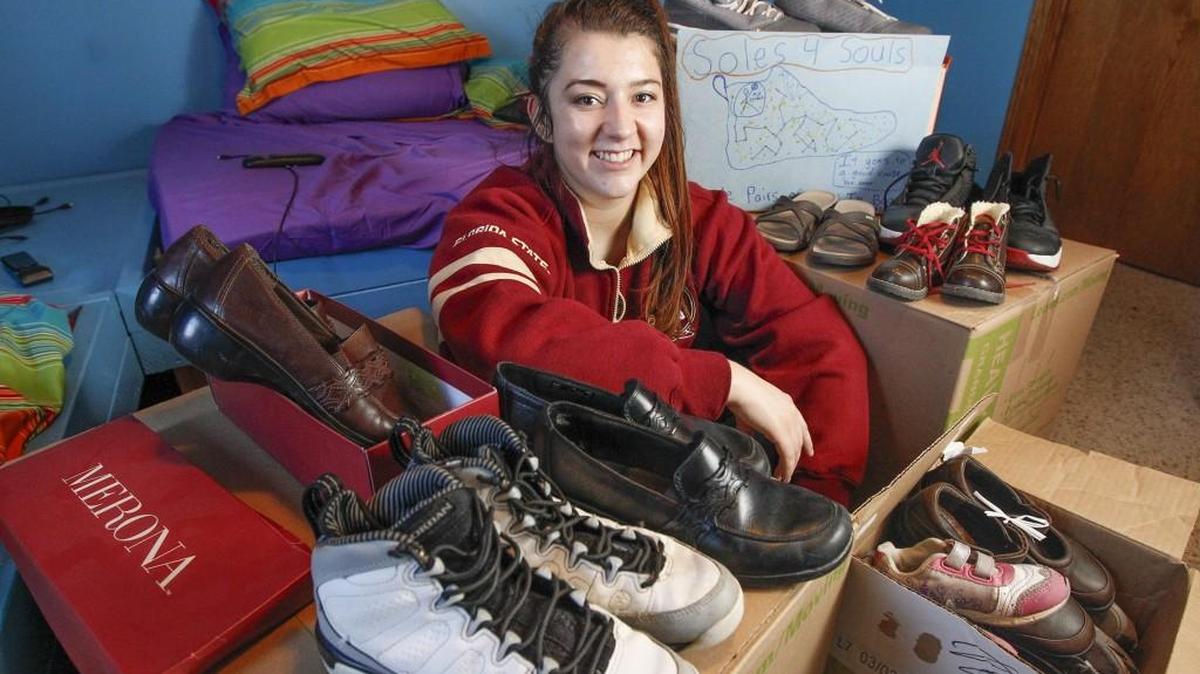 Andover senior Amelia Flores keeps donated shoes in her bedroom. She started a local shoe drive for a nonprofit called Soles4Souls and hopes to collect 2,000 pairs of shoes by Dec. 18. (Dec. 1, 2015)