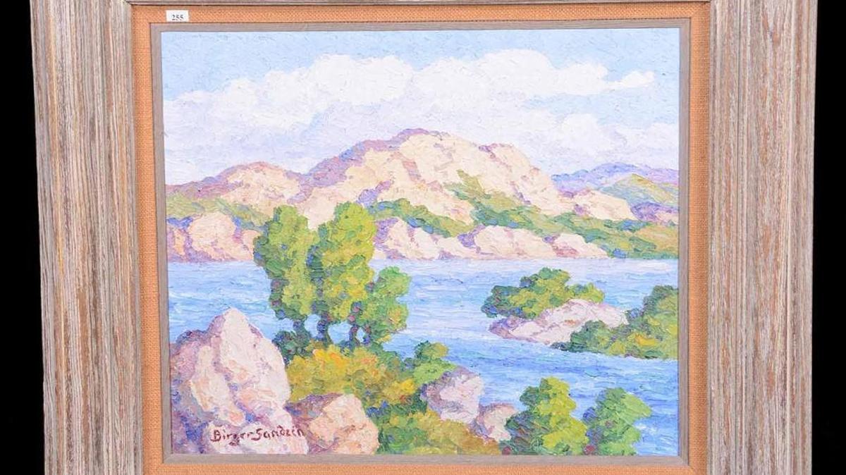 “Kansas Lake – Morland Lake, Graham Co., Kansas,” 1950. Mounted in original wooden frame measuring 31 by 35 inches overall. Starting bid $7,500.