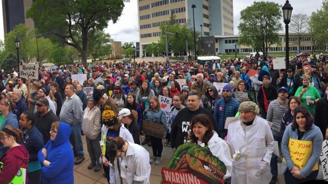 Chilly weather didn’t deter a sizable turnout for the March for Science in downtown Wichita on Saturday. (April 22, 2017)