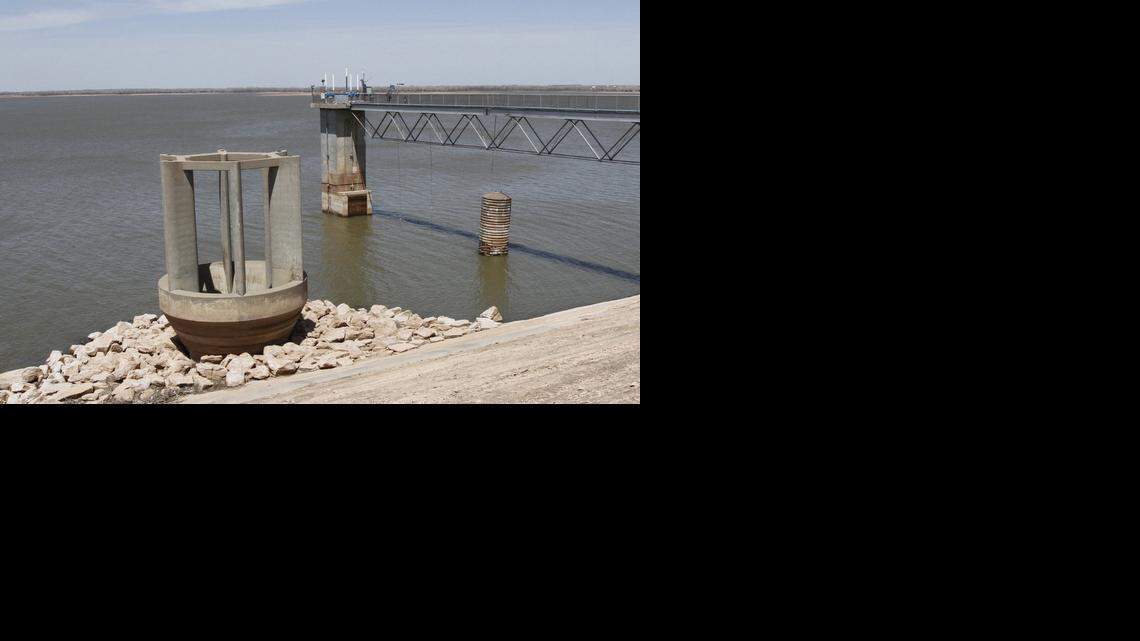 
The Cheney Lake overflow structure, left, and the intake structure for the Wichita Water Department pumping station are parts of the Cheney Lake dam.
