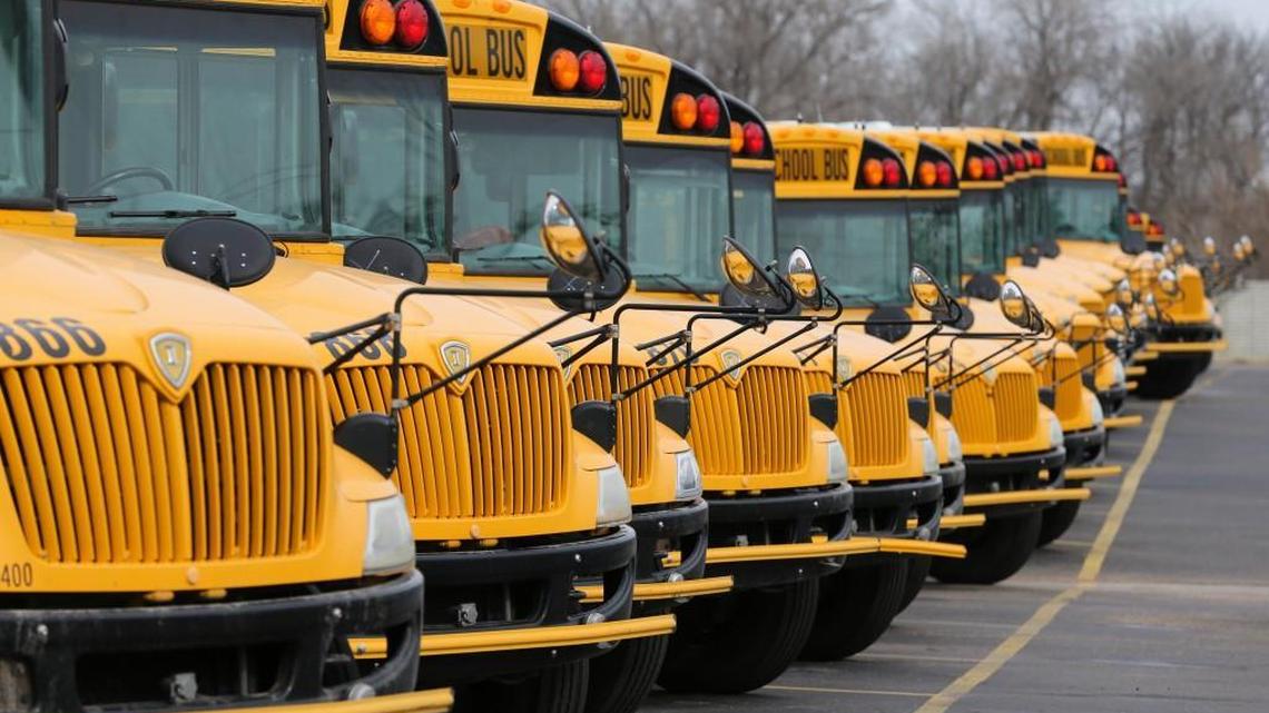 School buses parked at the First Student North Lot at 4141 N. Seneca on March 9.