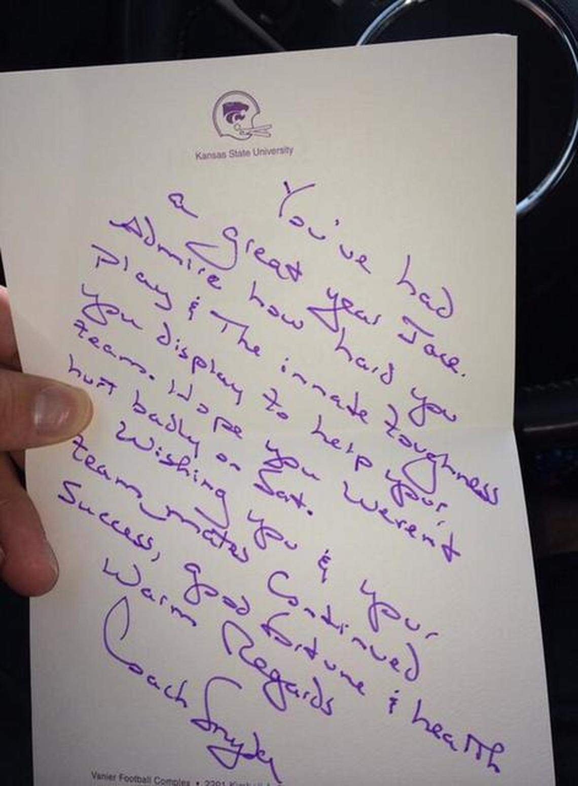 Texas Tech tight end Jace Amaro also received a note from K-State’s Bill Snyder. 