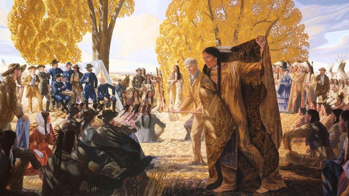 
The painting “The Treaty of the Little Arkansas” by Bryan Haynes hangs in the rotunda at Fidelity Bank in downtown Wichita. It depicts many of the historical characters present at the signing of the treaty, including Cheyenne Chief Black Kettle, Kiowa Chief Satanta, Kit Carson, William Bent and Jesse Chisholm.
