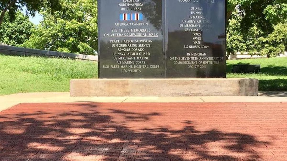 Bricks honor World War II veterans in downtown Wichita’s Veterans Memorial Park. The memorial will be commemorated on Memorial Day weekend.