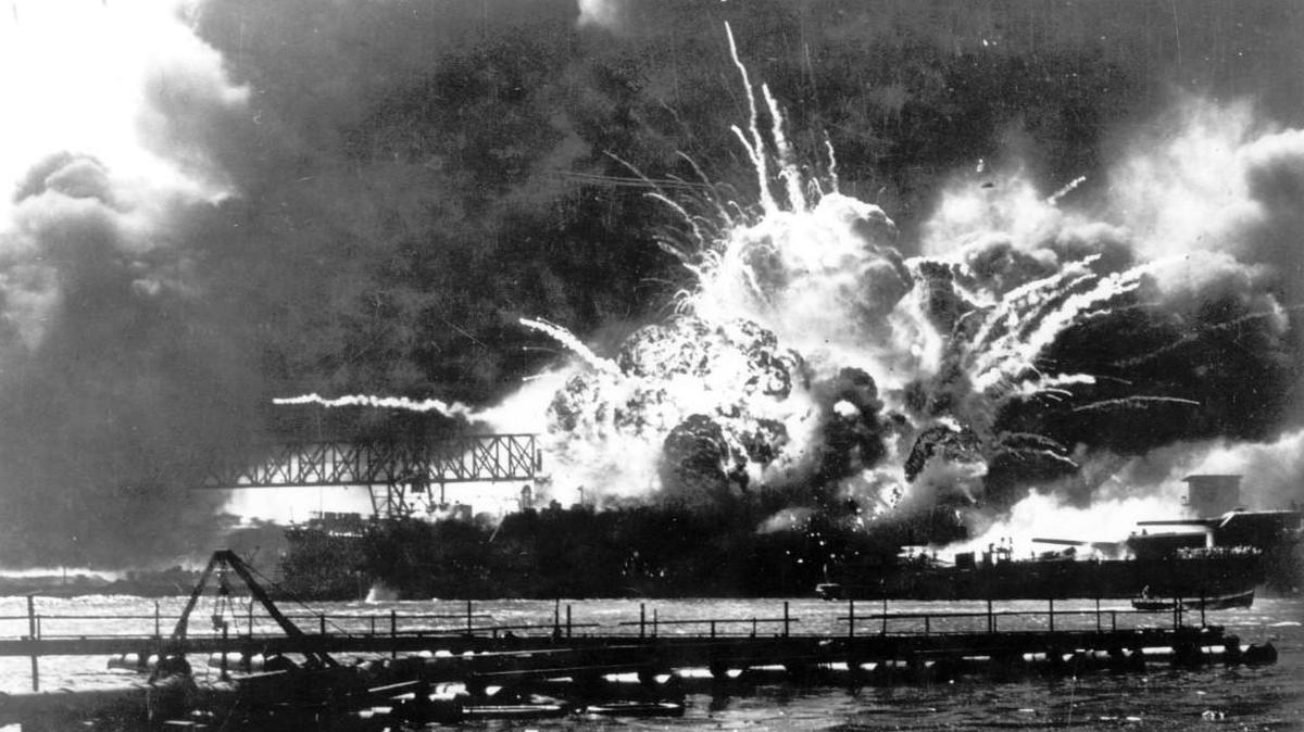 The destroyer the USS Shaw explodes after being hit by bombs during the Japanese surprise attack on Pearl Harbor on Dec. 7, 1941.