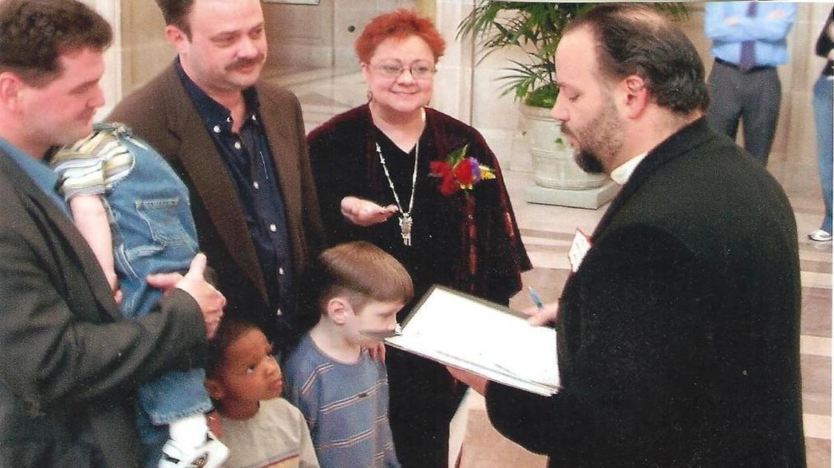 
Bill Dunn, left, with son Henry in his arms, and Shaun-Michael Morse, accompanied by sons Haden and Nathan, are married in San Francisco in 2004. A California judge nullified the marriage less than a year later. 
