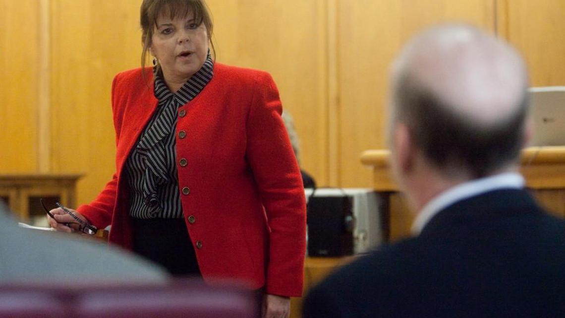 Deputy District Attorney Kim Parker glares at defendant Scott Roeder during closing arguments in Roeder’s first-degree murder trial in 2010. Parker retired this week after more than three decades as a prosecutor.