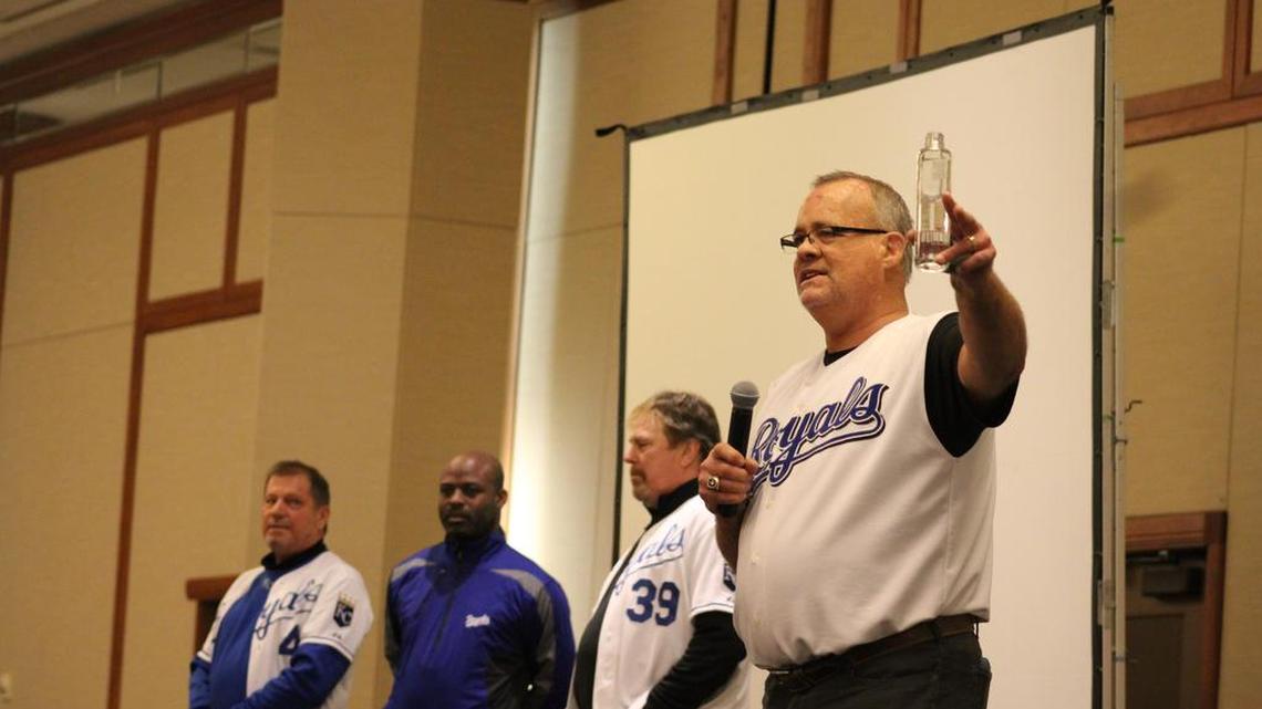 Former Kansas City Royal Ed Hearn speaks to the 451st Expeditionary Sustainment Command, while other former Royals Al Fitzmorris, Brian McRae and Greg Pryor look on. (Jan. 9, 2016)