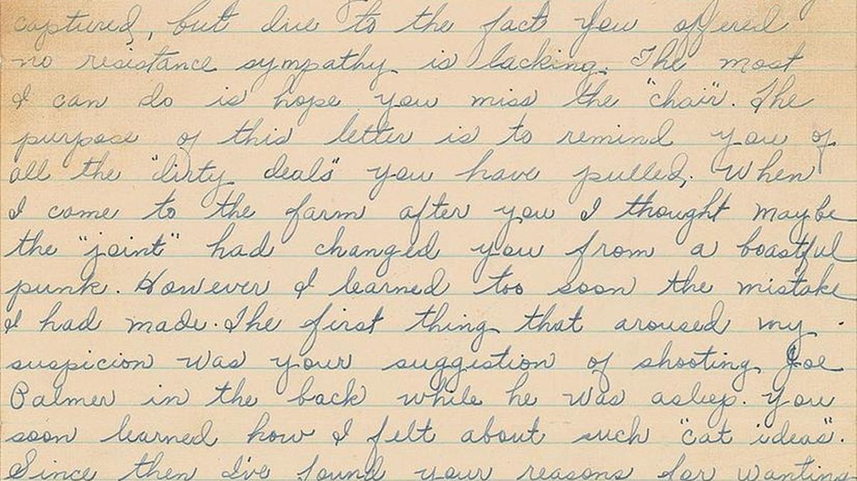 This letter written by Bonnie Parker and signed by Clyde Barrow threatens former gang member Raymond Hamilton.