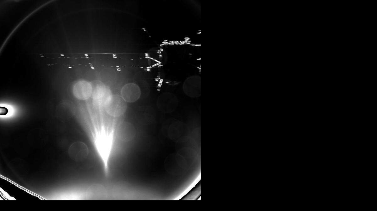 
The picture released by the European Space Agency ESA on Wednesday, Nov. 12, 2014 was taken by Rosetta's lander Philae shortly after its separation from the mother spaceship with the lander’s CIVA-P imaging system and captures one of Rosetta's 14 metre-long solar wings. On Wednesday, Nov. 12, 2014 the Philae lander detached from Rosetta and started it's descent to the 4-kilometer-wide (2.5-mile-wide) 67P/Churyumov-Gerasimenko comet. 
