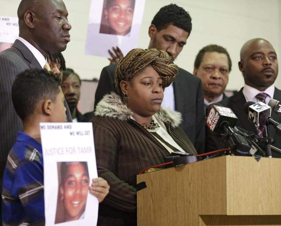 Samaria Rice, the mother of Tamir, a 12-year-old boy fatally shot by a Cleveland police officer, speaks during a news conference Monday in Cleveland. Surveillance video released by police shows Tamir Rice being shot within 2 seconds of a patrol car stopping within a few feet of him at a park on Nov. 22. (Dec. 8, 2014)