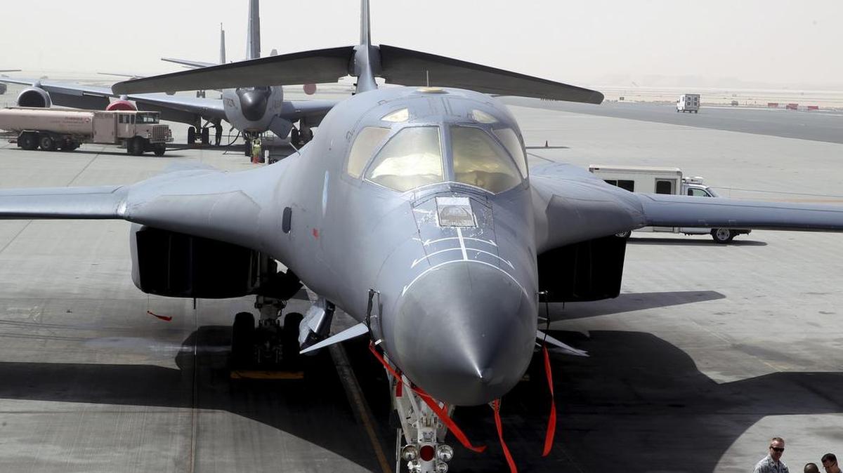 In this photo taken March 9, 2015, a B-1 bomber is seen at the al-Udeid Air Base in Doha, Qatar. The base is the regional nerve center for the air war against the militants who have taken over nearly a third of Iraq and Syria.