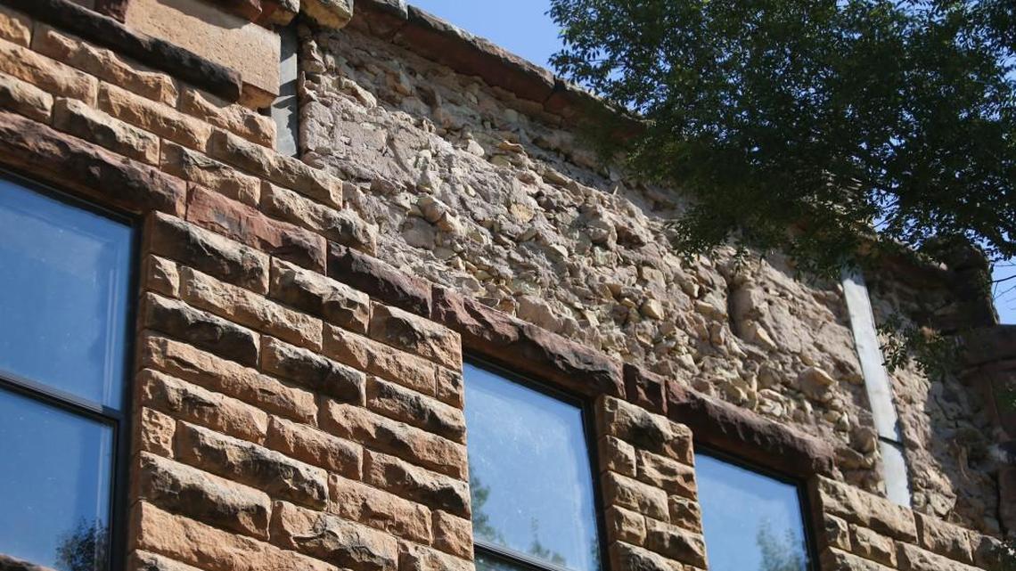 Sandstone bricks from the side of the historic Pawnee County Bank fell after an early morning earthquake in Pawnee, Oka., on Saturday. (Sept. 3, 2016)