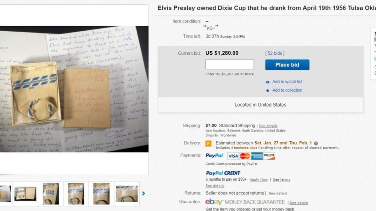 A cup that Elvis Presley reportedly drank from is being auctioned off on eBay for at least $1,280.