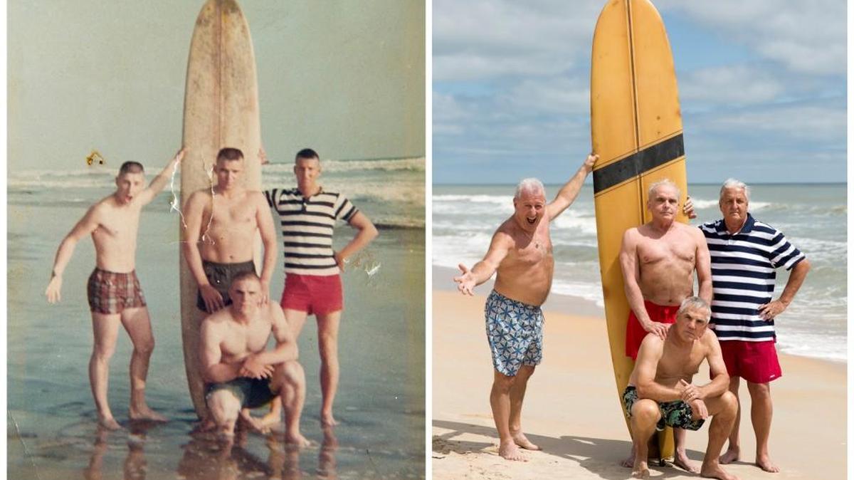 In an attempt to recreate the photo taken nearly 50 years prior to May 1966 while stationed at Camp Pendleton in Oceanside, Calif., the four friends: Dennis Puleo, from left, Tom Hanks, Bob DeVenezia, kneeling, and Bob Falk met on Cinnamon Beach on Saturday, April 23, 2016, in Palm Coast, Fla.