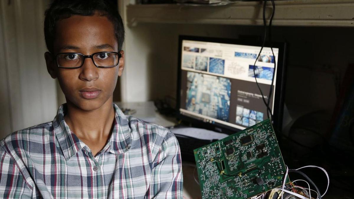 
Irving MacArthur High School student Ahmed Mohamed, 14, poses for a photo at his home in Irving, Texas, last week. The teen was arrested and interrogated by Irving police officers on Monday after bringing a homemade clock to school. (Sept. 15, 2015)
