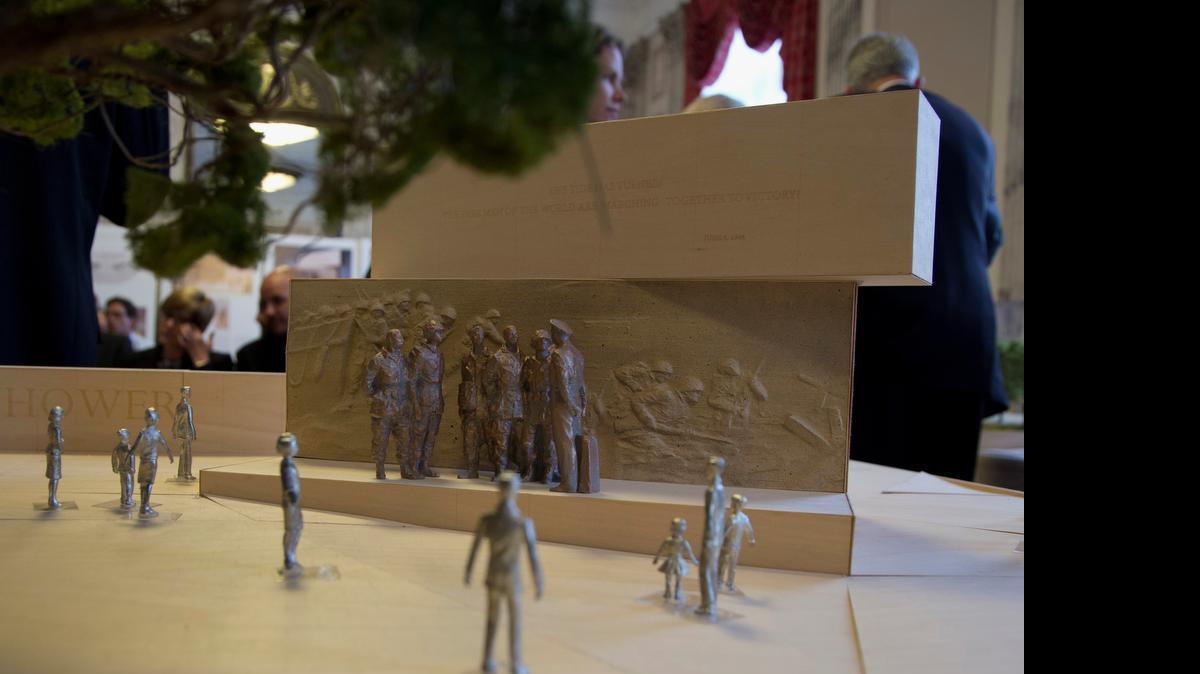 
In this June 19, 2013 file photo, a portion of a model of a memorial honoring Dwight D. Eisenhower is seen during a public meeting of the Eisenhower Memorial Commission on Capitol Hill in Washington. Taiwan is pledging $1 million to help build a memorial honoring U.S. President Dwight D. Eisenhower in Washington as the project organizers begin a fundraising campaign to complete the monument. 
