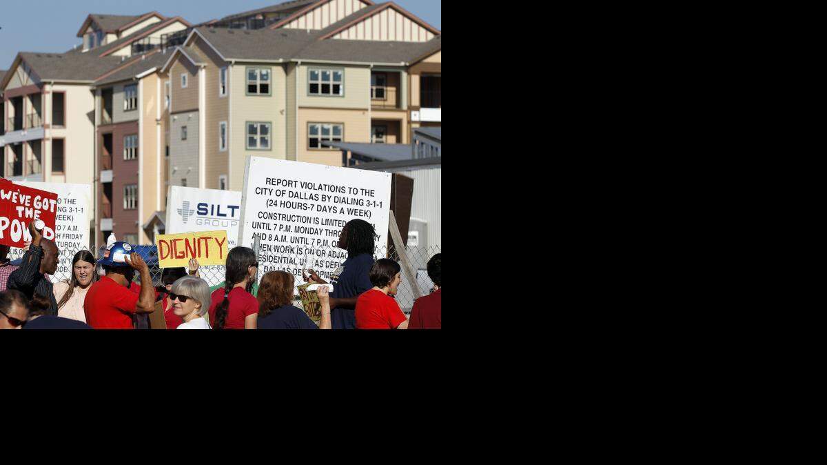 
Construction workers and supporters met to demand payment for their work building the Buckeye Trail Commons apartments from general contractor Siltek Group on Sept. 24, 2013, in Dallas, Texas.
