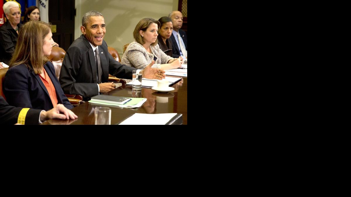 
President Obama, center, meets Monday to receive an update on the Ebola outbreak from members of his national security team and senior staff, from left, Health and Human Services Secretary Sylvia Burwell; Lisa Monaco, assistant to the president for homeland security and counterterrorism; National Security Adviser Susan Rice; and Homeland Security Secretary Jeh Johnson. 
