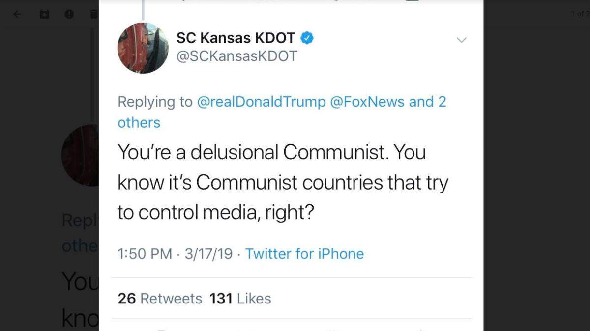 A verified account for the Kansas Department of Transportation called President Donald Trump a “communist” on Sunday. It has since been deleted.