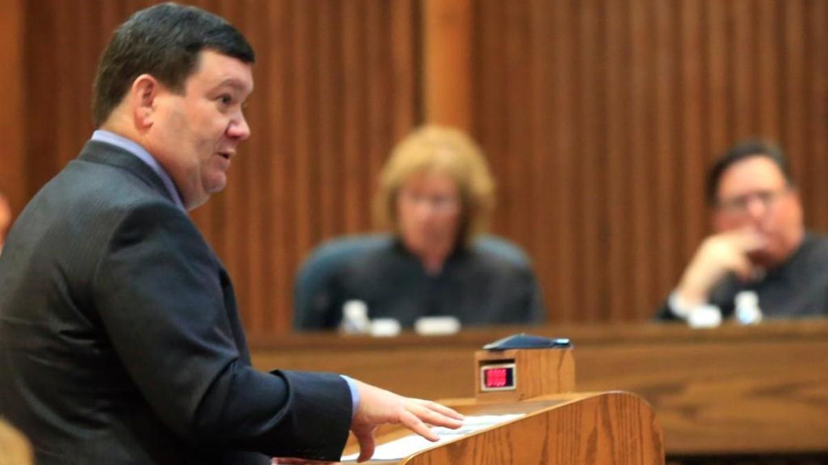 Kansas Solicitor General Steve McAllister, left, presents oral arguments Wednesday before the Kansas Court of Appeals in Topeka. A lawsuit against a Kansas ban on a common second-trimester abortion procedure has forced the court to consider whether the state constitution protects abortion rights.