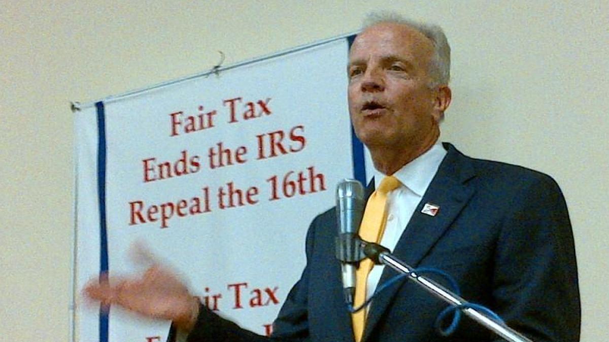 
U.S. Sen. Jerry Moran discusses the “Fair Tax” proposal to do away with income taxes and replace them with consumption taxes at a rally Tuesday at Wichita State University.
