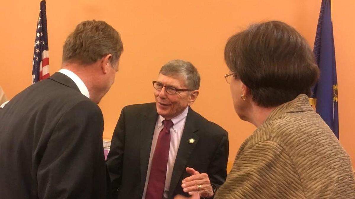 From left, Sen. Rick Billinger speaks with Sens. Ed Berger and Laura Kelly after a meeting Tuesday of the Senate Ways and Means Committee. Kelly proposed that classified state workers receive a 6.5 percent raise increase, while other workers receive a 1.5 percent bump.