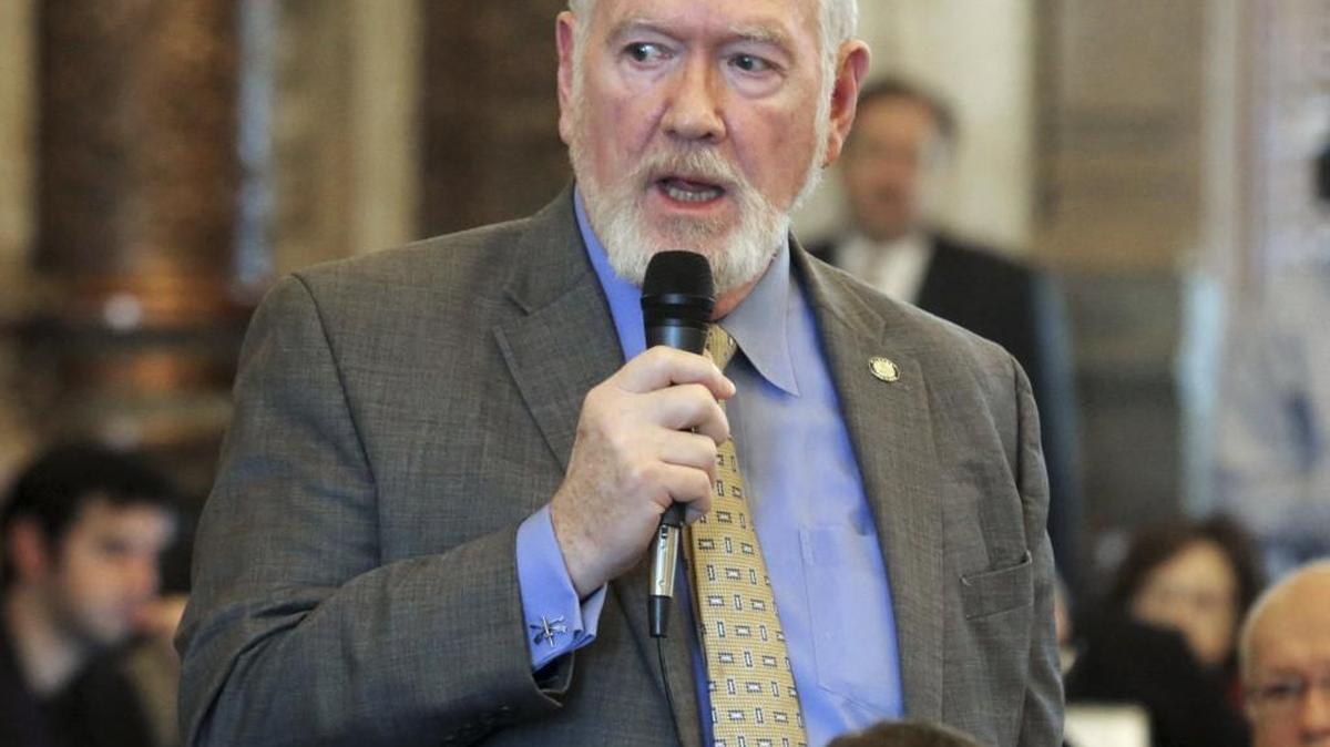 Sen. Steve Fitzgerald, R-Leavenworth, speaks on the floor of the Kansas Senate during debate on a tax bill in February.