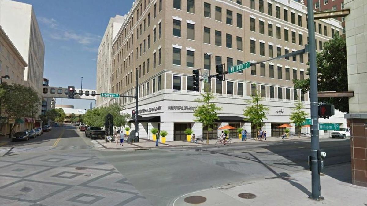 This architectural image shows the Finney State Office Building at Broadway and William in downtown Wichita.
