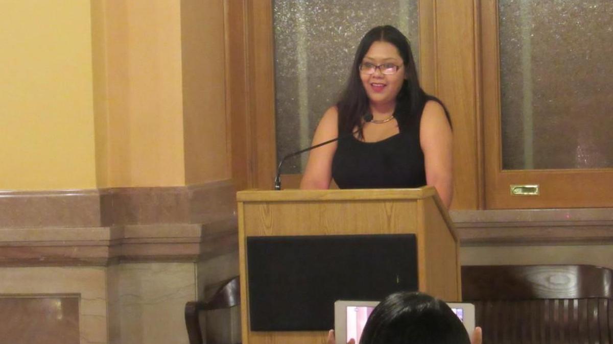 Mayra Salas Diaz speaks in support of the Deferred Action for Childhood Arrivals program on Friday at the Kansas Capitol.
