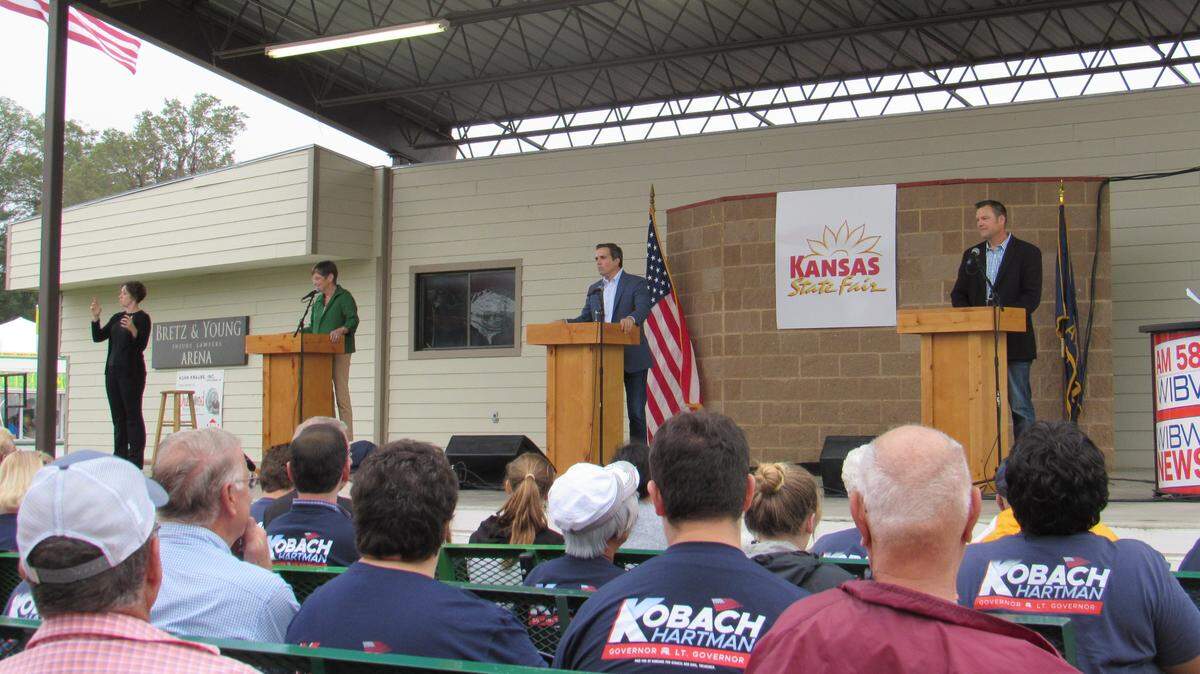 Candidates for governor debate at the Kansas State Fair in Hutchinson on Saturday. From left to right: Democratic Sen. Laura Kelly, independent Greg Orman and Republican Secretary of State Kris Kobach.