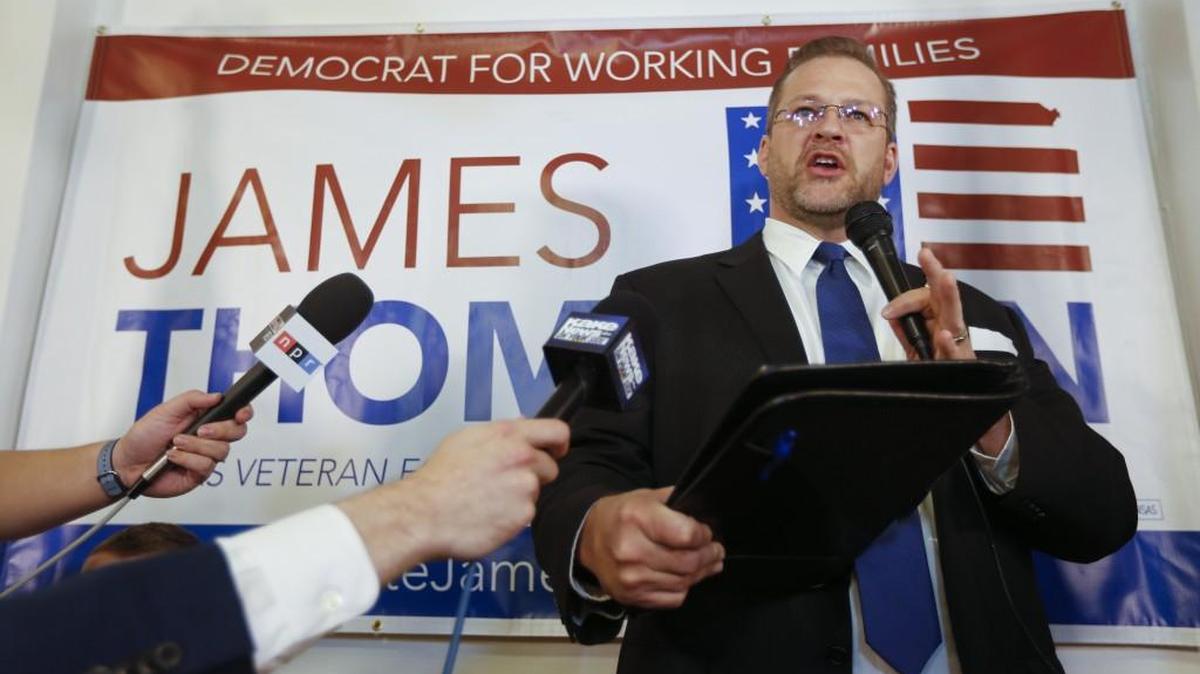 Democrat James Thompson speaks to supporters at the Murdock Theatre after he came up short in his bid for Mike Pompeo’s seat in the 4th District. (April 11, 2017)
