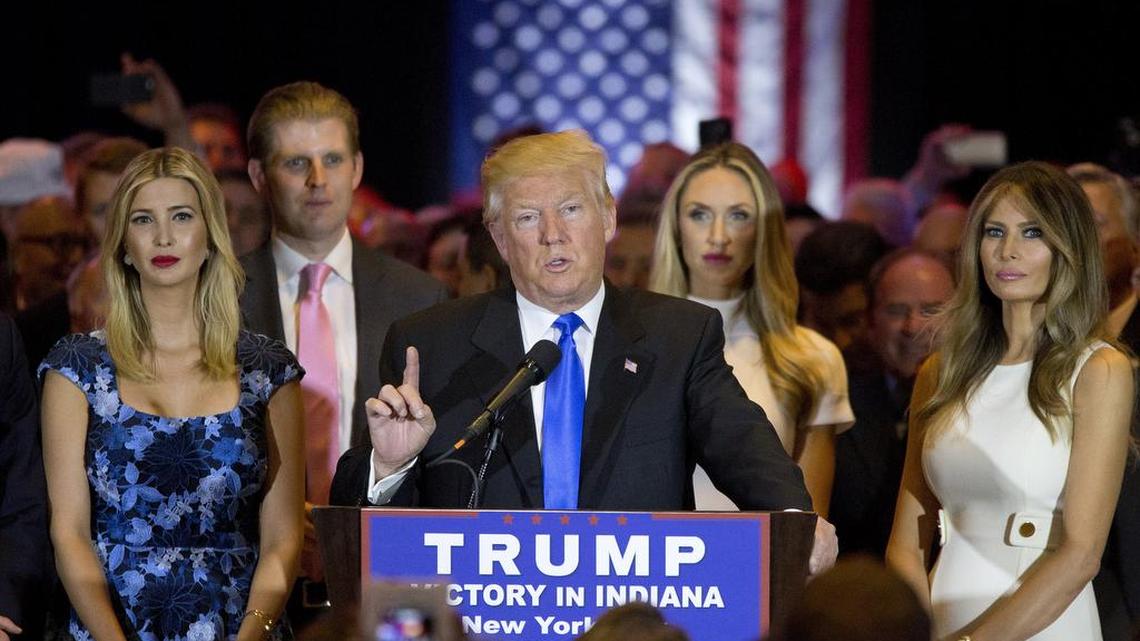 Republican presidential candidate Donald Trump is joined by his wife, Melania, right, daughter Ivanka, left, and son Eric, background left, during a news conference last week in New York. Trump is trying to reshape his image from Manhattan playboy to presidential family man.