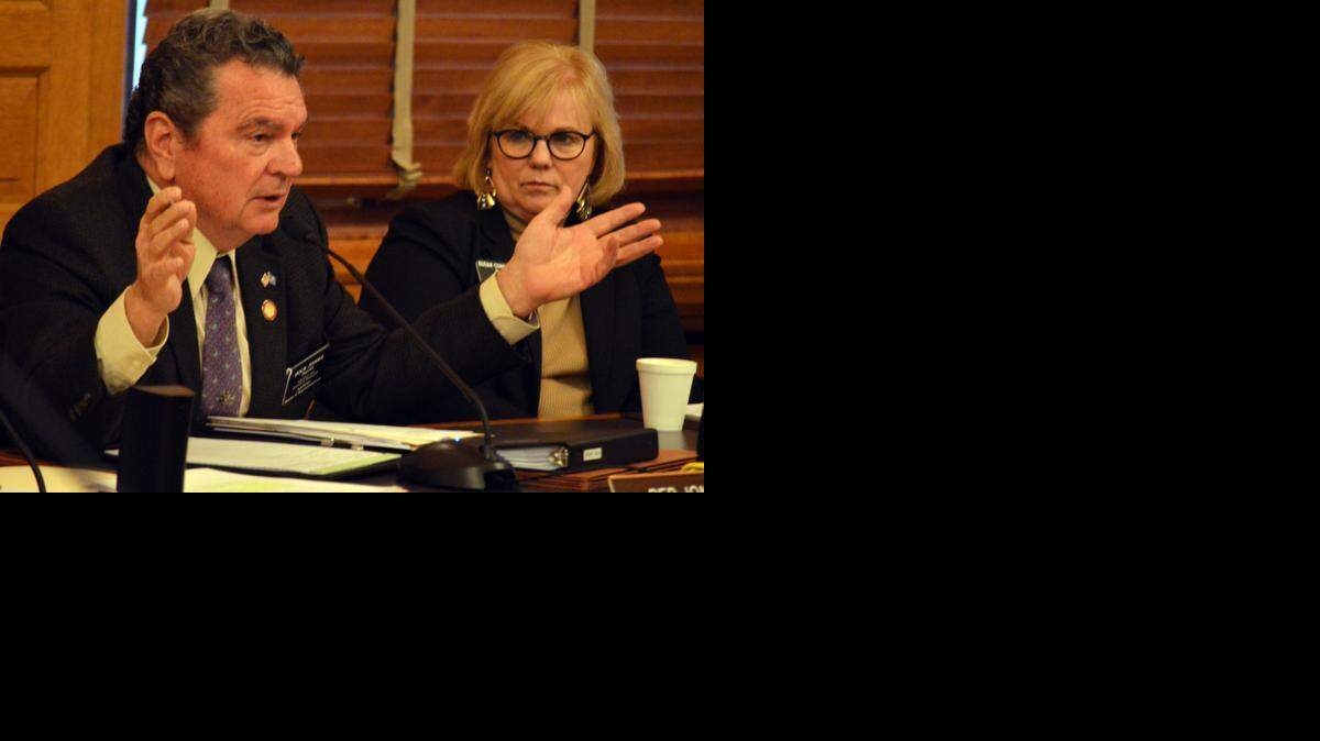 
Kansas Rep. Dick Jones, left, R-Topeka, speaks Thursday in Topeka at a House committee hearing in favor of a resolution to bring Kansas into a convention of the states to amend the U.S. Constitution. Watching to his left is Rep. Susan Concannon, R-Beloit. 
