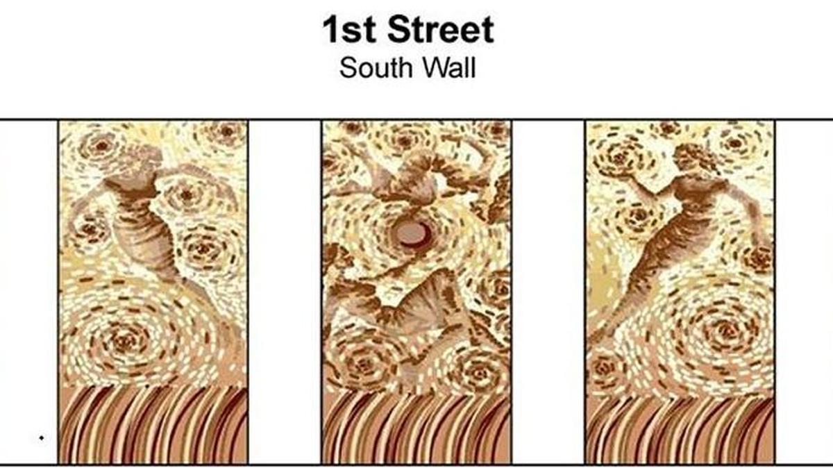 This mural design will be painted on the south side of the railroad overpass at First Street in downtown Wichita to represent the natural environment.